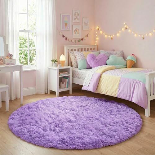 Amdrebio Purple Fluffy Round Kids Area Rug 5Ft for Girls Bedroom Nursery - Image 3