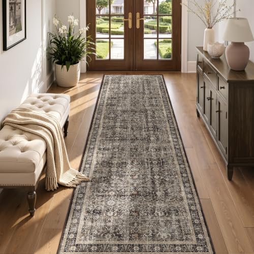 Washable Hallway Runner Rug 2'x8', Vintage MCM, Black/Brown/Beige by Jainmy