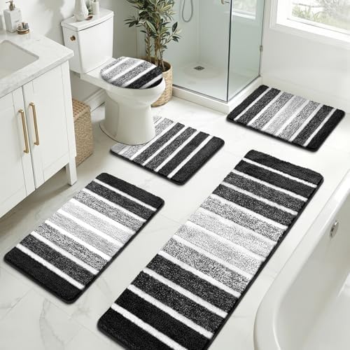 Yamaziot Black Bathroom Rug Set 5 Piece Washable Non Slip Striped Bath Mat by Yamaziot
