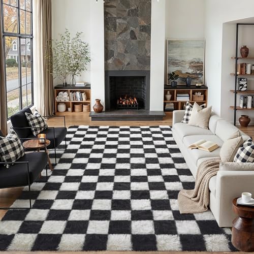 PureCozy Checkered Rug 9x12 for Living Room Black and White Soft Shag Rugs by PureCozy