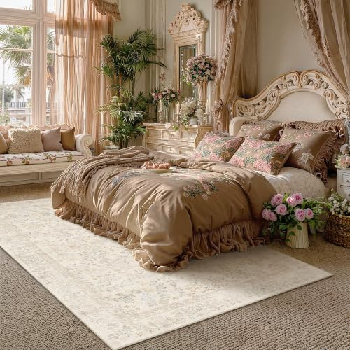 PureCozy 5x7 Beige Floral Area Rug Vintage Farmhouse Style - Image 2