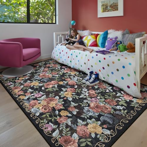 Washable 5x7 Area Rug, Navy Boho Floral Non-Slip for Living Room, Bedroom by GERUIMO