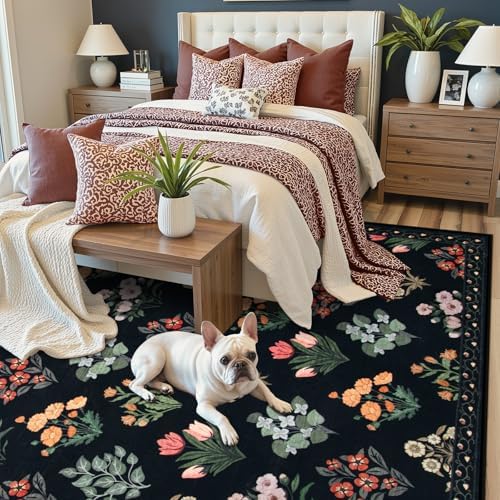 Wonnitar Floral Print Rug for Living Room, Black Washable 5x7 Area Rugs, Ultra-Thin Non Slip Stain Resistant Bedroom Carpet for Dining Room Playroom Office Dorm, Black/Multi - Image 3