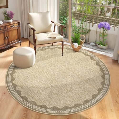 GarveeHome Scalloped Edge Circle Solid Tan Jute Digital Printing 5ft Round Rug Washable Non-Slip Soft Ultra-Thin Modern Carpet for Living Room Kitchen Bedroom Nursery Dining Room by GarveeHome