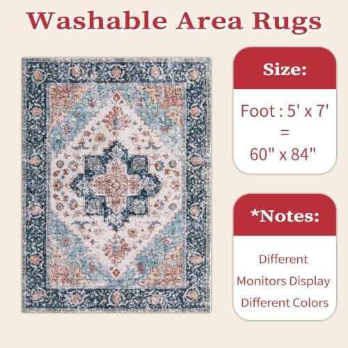 SERISSA 5x7 Washable Non Slip Boho Area Rug for Living Room，Blue Orange - Image 2