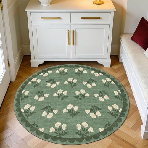 Sage Green 3ft Entryway Round Rug, 3x3 Small Floral Circular Rug by Othilic