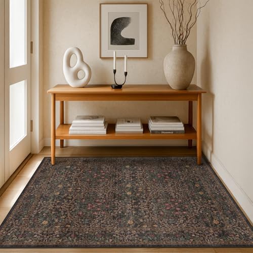Washable Dark Brown 4x6 Area Rugs for Living Room, Bedroom Bedside Rug, Kitchen, Mudroom, Home Office, Non-Slip Low Pile Ultra Soft Stain Resistant, Small Vintage Taupe Accent Botanical Floral Carpet - Image 3