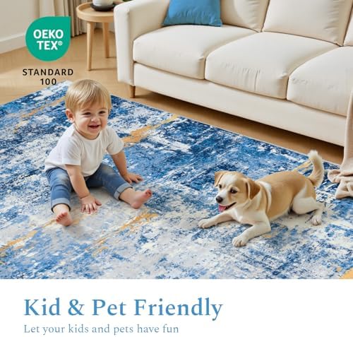 Rugflix 5x7 Area Rugs for Living Room, Washable Sky Blue Gold Large Rug - Image 6
