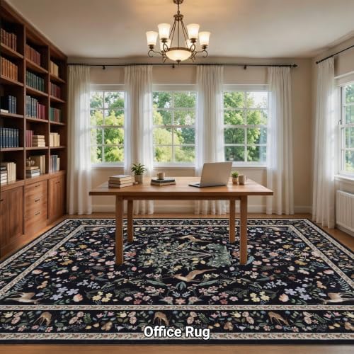 RCTJHOME 9x12 Black Floral Vintage Washable Area Rug Non-Slip Soft Carpet - Image 3