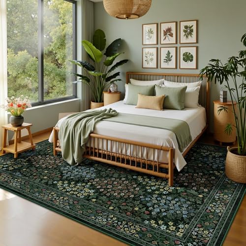 5x7 Area Rugs, Vintage Washable Rug for Bedroom, Indoor Non-Slip Rugs for Living Room, Dining Room, Low Pile Floral Rug(Dark Green Floral) - Image 3
