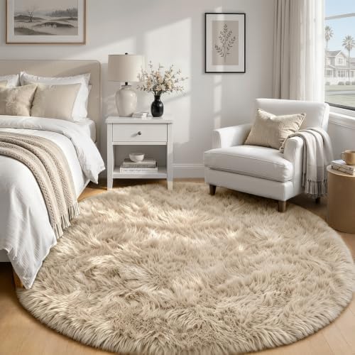 TENGTENGLINK 6ft Round Shag Area Rug Living Room Bedroom Washable Camel - Image 2