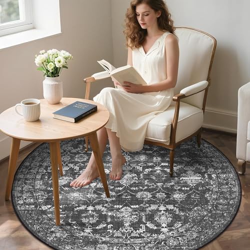 5ft Round Washable Office Rug Non-Slip Vintage Black Throw Carpet - Image 2