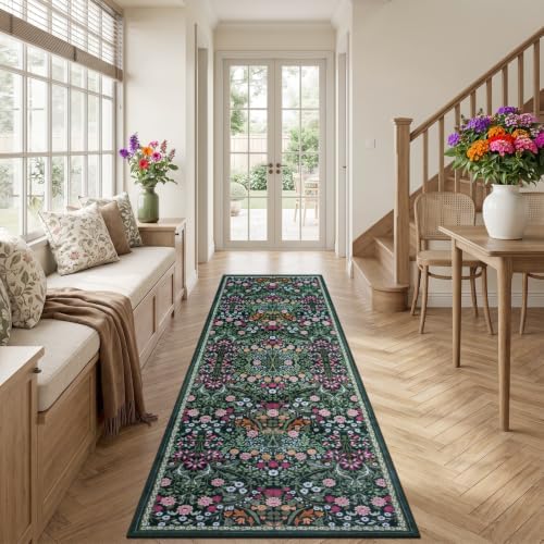 PLHXFR 2.6x10 Washable Runner Rug：Floral Indoor Kitchen Carpet Dark Green - Image 3