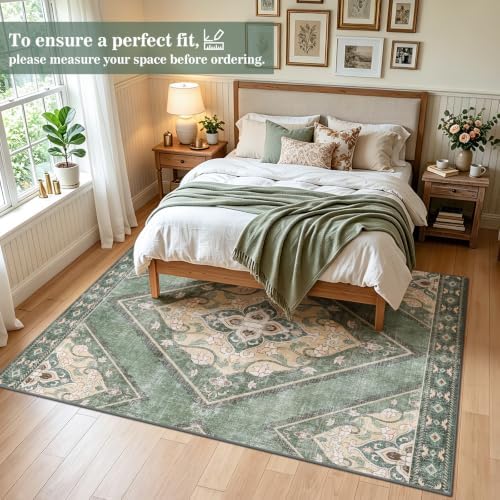 5x7Ft Boho Washable Rugs for Living Room, Green/Multi Thin Bedroom Area Rugs Non Slip, Moroccan Soft Kids Nusery Area Floor Carpets for Dining Room Playroom Kitchen Home Office Decor - Image 3