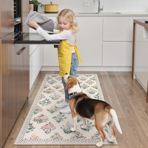 Wonnitar Floral Machine Washable 3x5 Rug, Small Area Rug for Kids Bedroom Nursery, Ultra-Thin Non Slip Soft Moroccan Throw Carpet for Dorm Living Room Large Entryway, Cream Beige - Image 3
