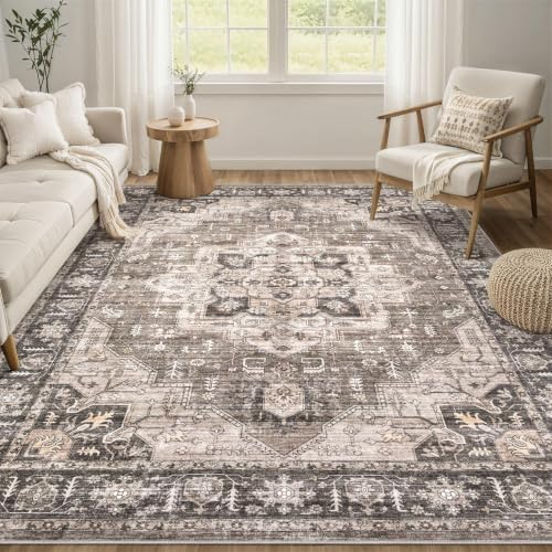 Washable 6x9 Area Rugs for Living Room: Soft Dark Brown Vintage Rug by ZUNTKON