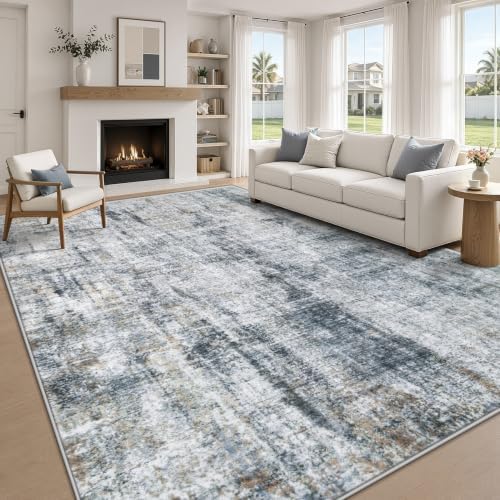 MXSANYOO 9x12 Area Rugs Washable Rug: Abstract Neutral Rugs Modern Non Slip Area Rug Stain Resistant Low Pile Indoor Carpet for Dining Room Bedroom Nursery Office (Multi Blue, 9'x12') by MXSANYOORUG