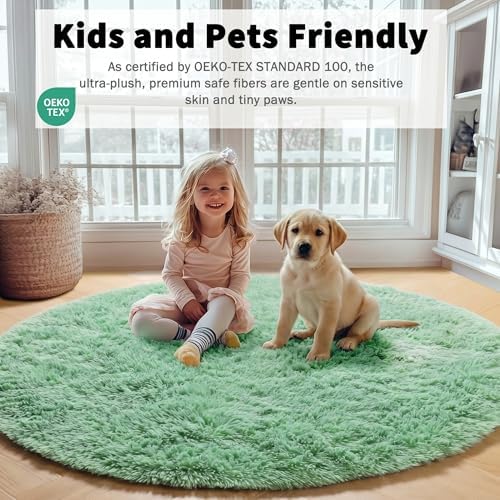 Sage Green Fluffy Round Rug Circle Area Rugs 4ft for Kids Teen Bedroom - Image 3
