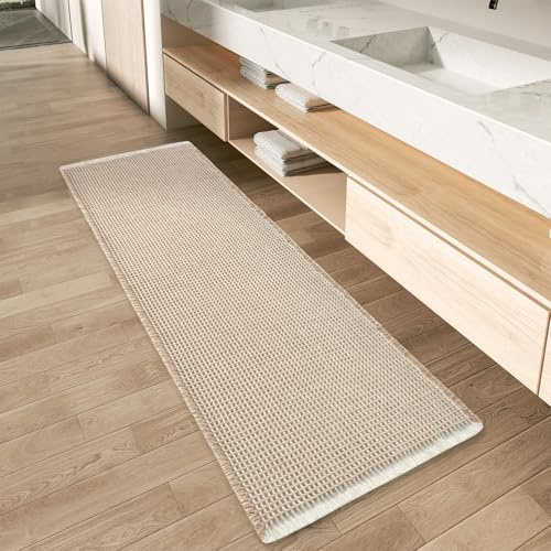 AMOAMI Upgraded Waffle Runner Rug Super Absorbent Non Slip Bath Mats for Bathroom Machine Washable Bathroom Runner Rug with Tassels, Ideal for Hallway Bedroom Laundry Room, 2' x 5', Brown & Cream by AMOAMI