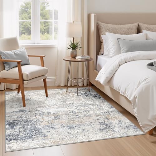 DMOYEST Square Area Rug Living Room Rugs - 6x6 Washable Large Soft Indoor Neutral Modern Abstract Low Pile Rug Carpet for Bedroom Dining Room Farmhouse Home Office - Beige Blue - Image 3