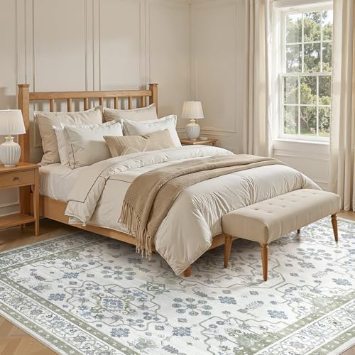 Area Rug 5x7 for Living Room - Washable Oriental Vintage Floral Distressed Large Indoor Carpets with Non Slip Back for Bedroom Dining Room Nursery Office Home Decor -Light Green - Image 5