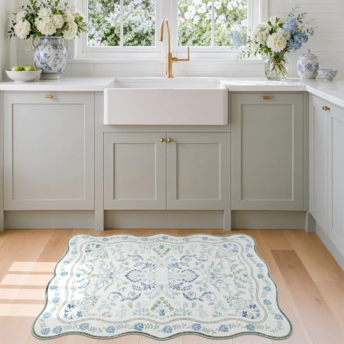 DCX Blue and Green 2x3 Rug, Washable Botanical Scalloped Rug - Image 4
