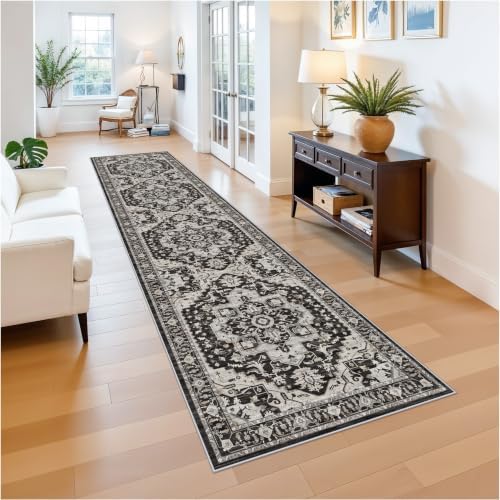 Washable 2'6x12 Hallway Runner Rug: Non-Slip Long Boho Kitchen Rugs Entryway Rug Runner Soft Low Pile Carpet Indoor Vintage Floor Mat for Bedroom Bathroom Laundry (Black/Beige/Grey,2'6''x12') - Image 3