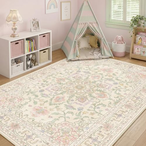 CAPALOCA 8x10 Washable Nursery Girls Low Pile Area Rug Purple Green Pink - Image 3