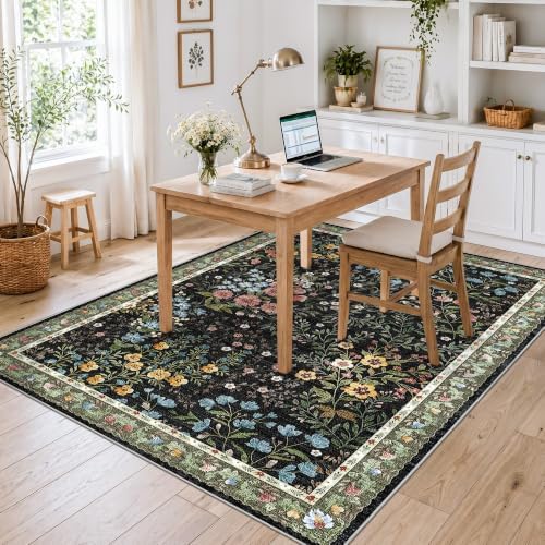 4x6 Washable Entryway Area Rug: Non Slip Floral Washable Entry Rug Living Room Area Rug for Indoor Floor Kitchen Bedroom - Soft Thin Door Mat Carpet Boho Vintage Home Decor (4'x6', Black) - Image 3