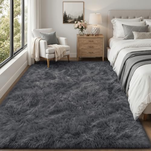 TENGTENGLINK 5x8 Fluffy Shag Area Rug Living Room Bedroom Washable Grey - Image 2