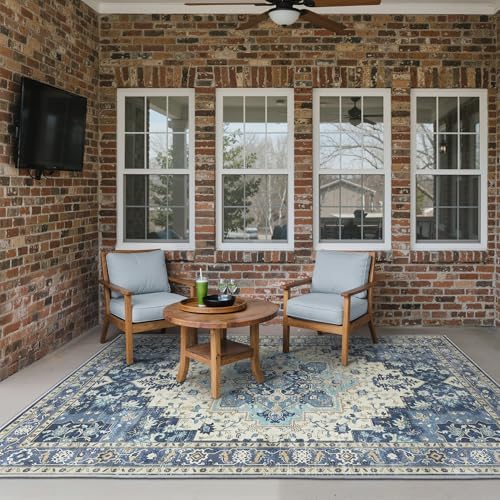 GENIMO Indoor Outdoor Rug, Washable for Patio and Deck, Navy Ivory, 6x9 - Image 3