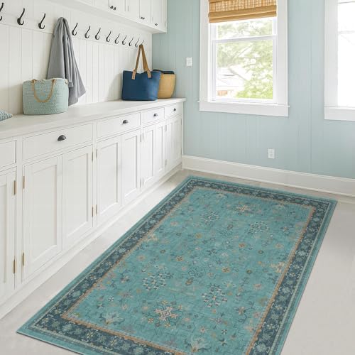 Hazo Haus Teal 3x6 Wide Non Slip Kitchen Rug - Washable Front Door Runner Indoor Entrance, Vintage Floral Pattern Indoor Decor, Non Slip Soft Low Pile Fade Resistant - Image 3