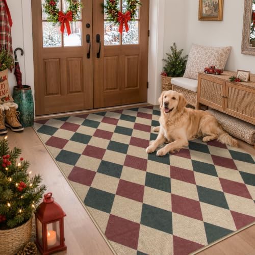 Lahome Christmas Rug, 5x7 Christmas Decor Rugs for Living Dining Room Non Shedding Washable Carpet, Checkered Red and Green Non Slip Stain Resistant Indoor Carpet for Patio Office Xmas Holiday Decor by Lahome