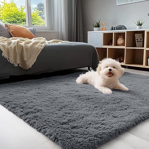 OLANLY 4x4 Machine Washable Accent Rug, Soft Fluffy Shaggy Area Rug for Bedroom, Living Room, Indoor Floor Carpet for Kids, Nursery, Home Decor, Grey by OLANLY