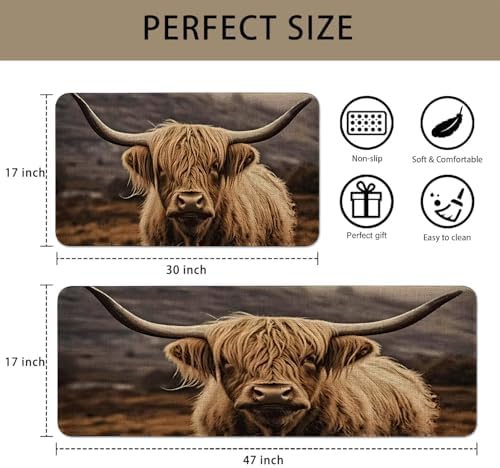 Farmhouse Highland Cow Kitchen Rugs Sets of 2 Non Slip Washable, Rustic Country Brown Highland Cow Kitchen Mats for Floor 2 Piece Home Decor - Image 3
