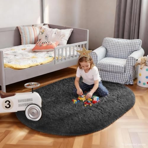Ophanie 3x5 Oval Black Rugs for College Dorm, Bedroom Small Area Rug, Non-Slip Fluffy Shaggy Bedside Soft Shag Fuzzy Plush Carpet for Kids Boys Teen Home Decor Aesthetic with Over 99 pcs Pile fibers - Image 3