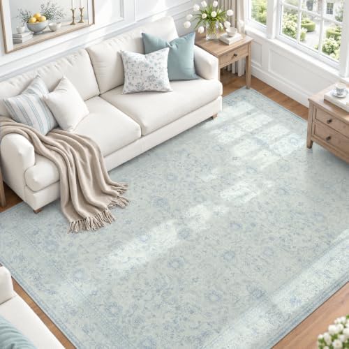 DCX Vintage Washable 5x7 Area Rug, Distressed Floral, Light Blue by DCXWashableRug