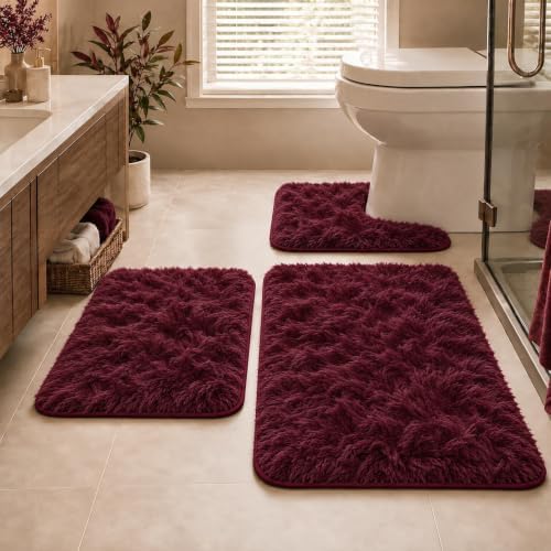 Burgundy Shaggy Bathroom Rugs Set Plush Velvet Bath Rugs Non-Slip Bath Mat Set 3 Piece,Washable Mats,Absorbent Shaggy Rugs Super Soft U-Shaped Toilet Rug,Bahroom Carpets for Bathroom,Tub,Shower by RUNHELIX