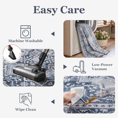 Blue Gray Living Room Rug 6x9, Washable Non Slip Transitional Medallion Rug for Dining Room Under Table, Modern Vintage Distressed Low Pile Thin Carpet Rugs for Den Bedrom Home Office - Image 5