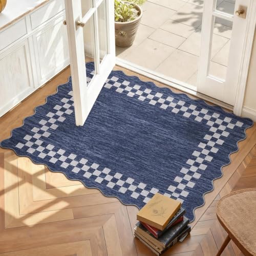 Small Area Rug 2x3 Modern Checkered Entry Rug Solid Color Scalloped Kitchen Rugs Washable Bedroom Doormat Non Slip Stain Resistant Bordered Throw Carpet for Living Room Nursery Laundry, Blue by GarveeHome
