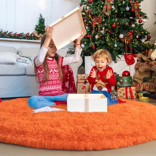 6ft Round Fluffy Rug for Bedroom Orange, Washable Non-Slip - Image 5