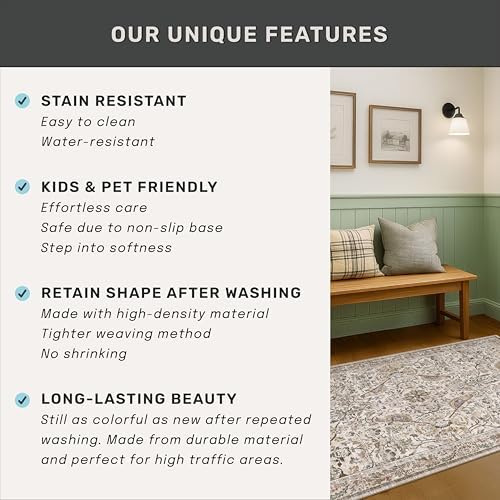 Boho Moss 2x3 Indoor Rugs for Entryway, Vintage Washable Small Throw Rug for Kitchen, Non Slip Soft Floral Bathroom Carpet with Bird Pattern, Low Pile & Stain Resistant - Image 6
