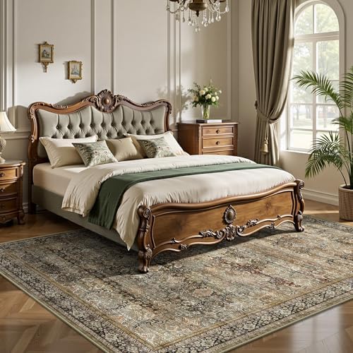 6x9 Area Rugs - Washable Vintage Retro Living Room Rug, Soft Ultra Thin Non Slip Low Pile Traditional Distressed Boho Carpet for Bedroom Dining Room Nursery Home Office, Charcoal Olive - Image 3