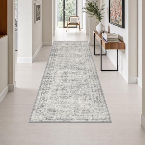 3x8 Washable Runner Rug：Modern Abstract Soft Carpet Black Grey by FXRHLP