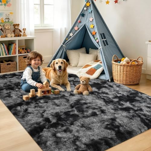4x6 Tie-dye Dark Grey Fluffy Soft Area Rug Non-Slip for Bedroom Living Room - Image 4