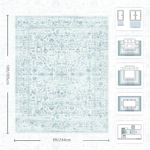 8x10 Area Rugs for Living Room, Washable Vintage Retro Floral Rug, Low Pile Non Slip Distressed Large Carpet for Bedroom, Dining Room, Office, Home (Blue) - Image 2