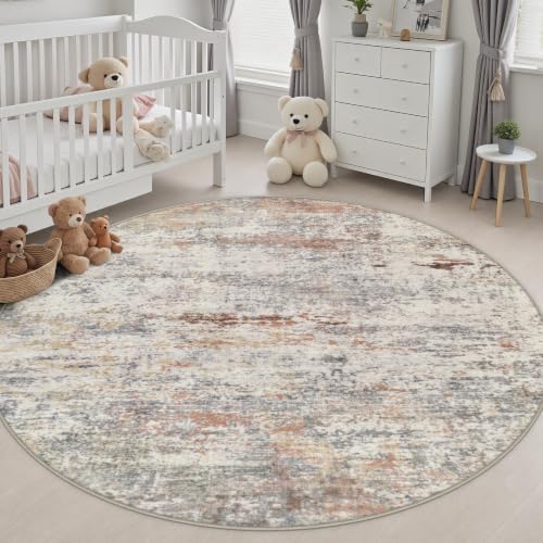 Round Area Rug Living Room: 8 ft Modern Washable Carpet Taupe - Image 5