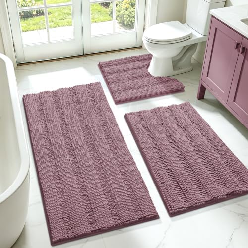 Striped Mauve Bathroom Rug Set 3 Pieces Ultra Soft, Non Slip Chenille Bath Carpet, Absorbent Plush Shaggy Bath Mats for Bathroom, Toilet, Bedroom, Kitchen by ACCUMTEK