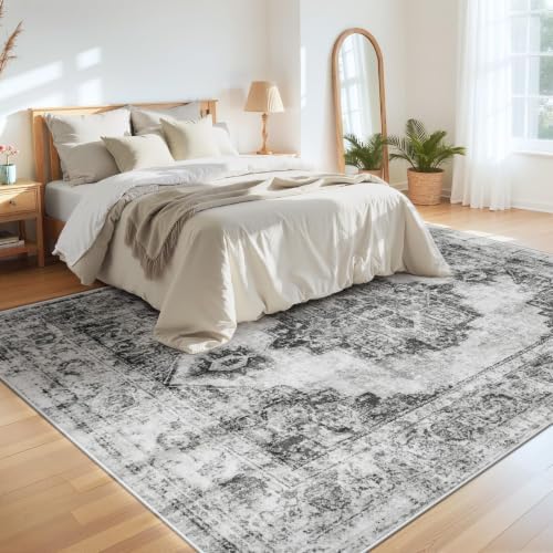 Area Rug 9x12 Vintage Rugs: Large Washable Indoor Medallion Rug Low Pile Distressed Floor Carpet Retro Accent Rugs for Living Room Bedroom Kitchen Dining Table Home Office(Black, 9'x12') - Image 4