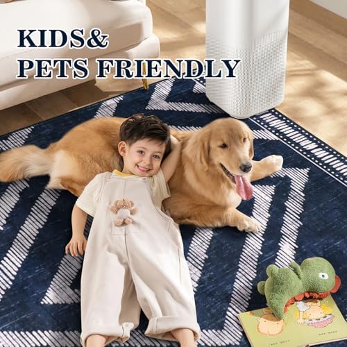 Boho Washable Rugs 5x7ft for Living Room, Navy Blue Thin Bedroom Area Rugs Non Slip, Moroccan Soft Kids Nusery Area Floor Carpets for Dining Room Playroom Kitchen Home Office Decor - Image 2